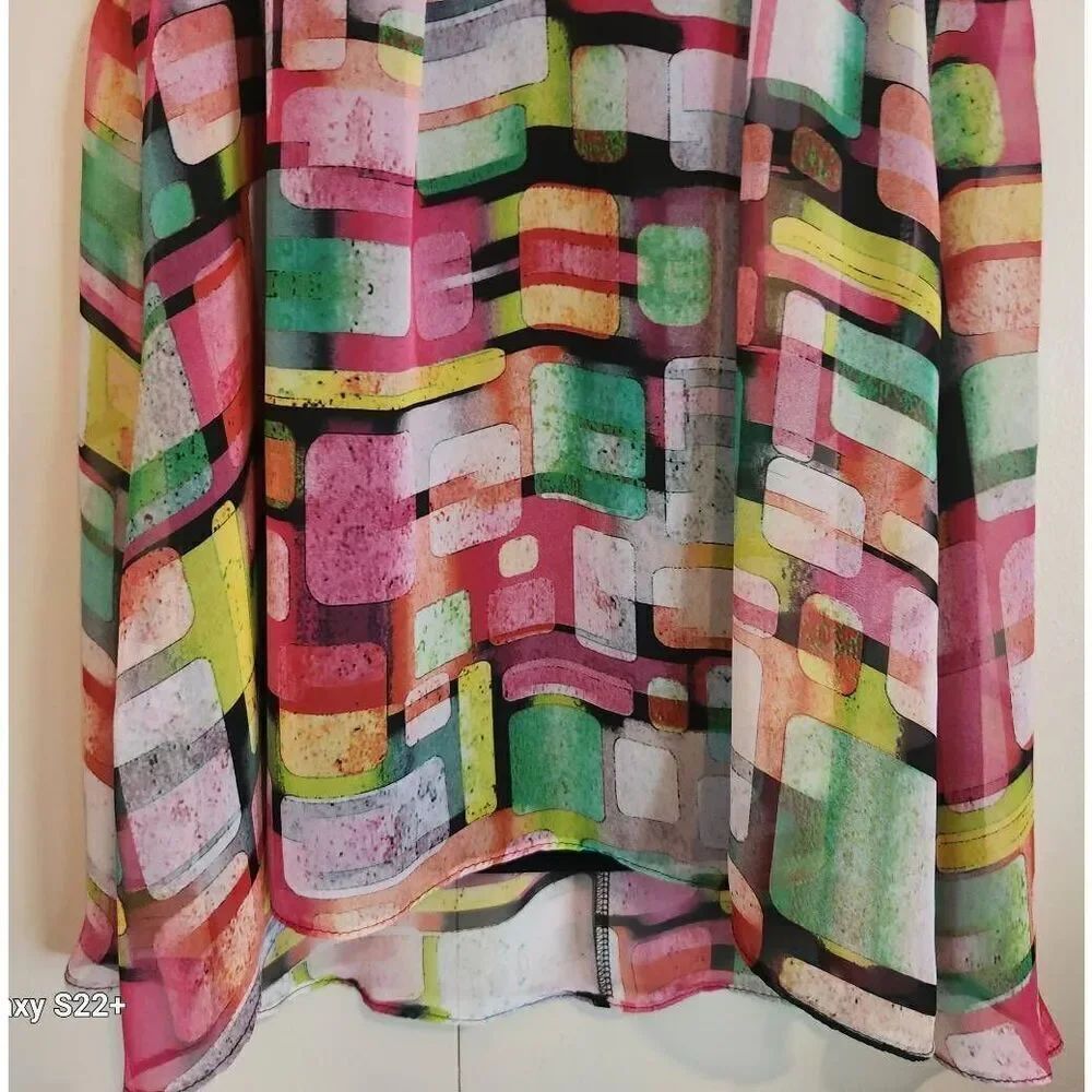 F9 Soft Works bright multicolored sheer lined tank blouse black contrast trim - Picture 3 of 11